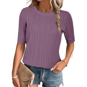 Arach&Cloz Women’s Summer Fall Scalloped Lace Cuff Crewneck Tops Textured Shirts(Gray Purple)