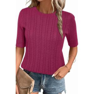 Arach&Cloz Women’s Summer Fall Scalloped Lace Cuff Crewneck Tops Textured Shirts(Hot Pink)