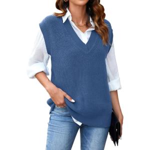 Arach&Cloz Womens Sweater Vest 2024 Fall Winter Knitted V Neck Oversized Casual Cap Sleeve Pullover Tank Tops(Blue)