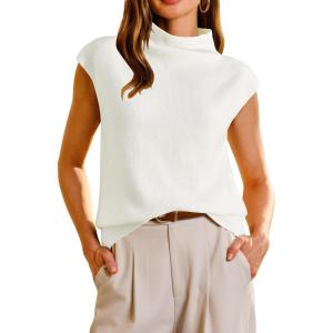 Arach&Cloz Women’s Wool Blend Mock Neck Business Casual Sweater Vest 2025 Fall(Off-white)