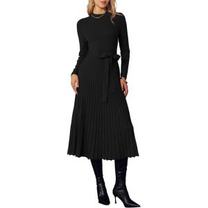 Arach&Cloz Women’s Wool Blend Mock Neck Tie Waist Fall Winter Pleated Sweater Dress 2025(Black)