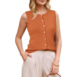 Arach&Cloz Women’s Wool Blend Non See Through Button Down Business Casual Tank Tops 2026(Dark Orange)