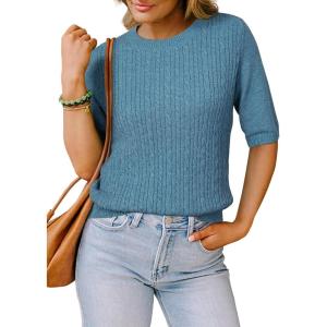 Arach&Cloz Women’s Wool Blend Old Money Cable Knit Elbow Sleeve Sweaters 2025(Cerulean Blue-cable)