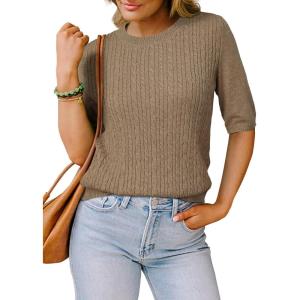 Arach&Cloz Women’s Wool Blend Old Money Cable Knit Elbow Sleeve Sweaters 2025(Light Brown-cable)