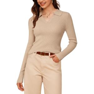 Arach&Cloz Women’s Wool Blend Polo Sweater Shirt Business Casual Slim Fitted Fall Tops 2025(Apricot)