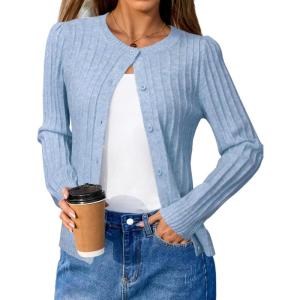 Arach&Cloz Womens Wool Blend Puff Sleeve Fall Cable Knit Cardigan Sweaters 2025(Blue)
