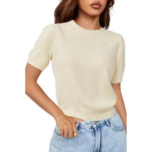 Arach&Cloz Women’s Wool Blend Soft Fuzzy Puff Sleeve Cute Casual Fall Sweaters 2025(Cream)