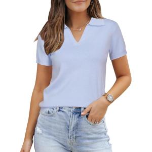 Arach&Cloz Women’s Wool Blend Spring Business Casual Relaxed fit Short Sleeve Pullover Sweater 2026(Light Blue)
