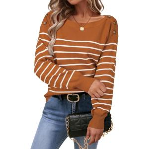 Arach&Cloz Women’s Wool Blend Striped Boat Neck Fall Dressy Casual Sweater Tops 2025(Orange and White)