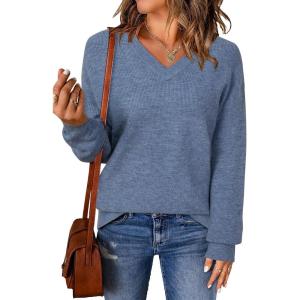 Arach&Cloz Women’s Wool Blend Sweaters V Neck Winter Business Casual Outfits Warm Tops 2026(Denim Blue)