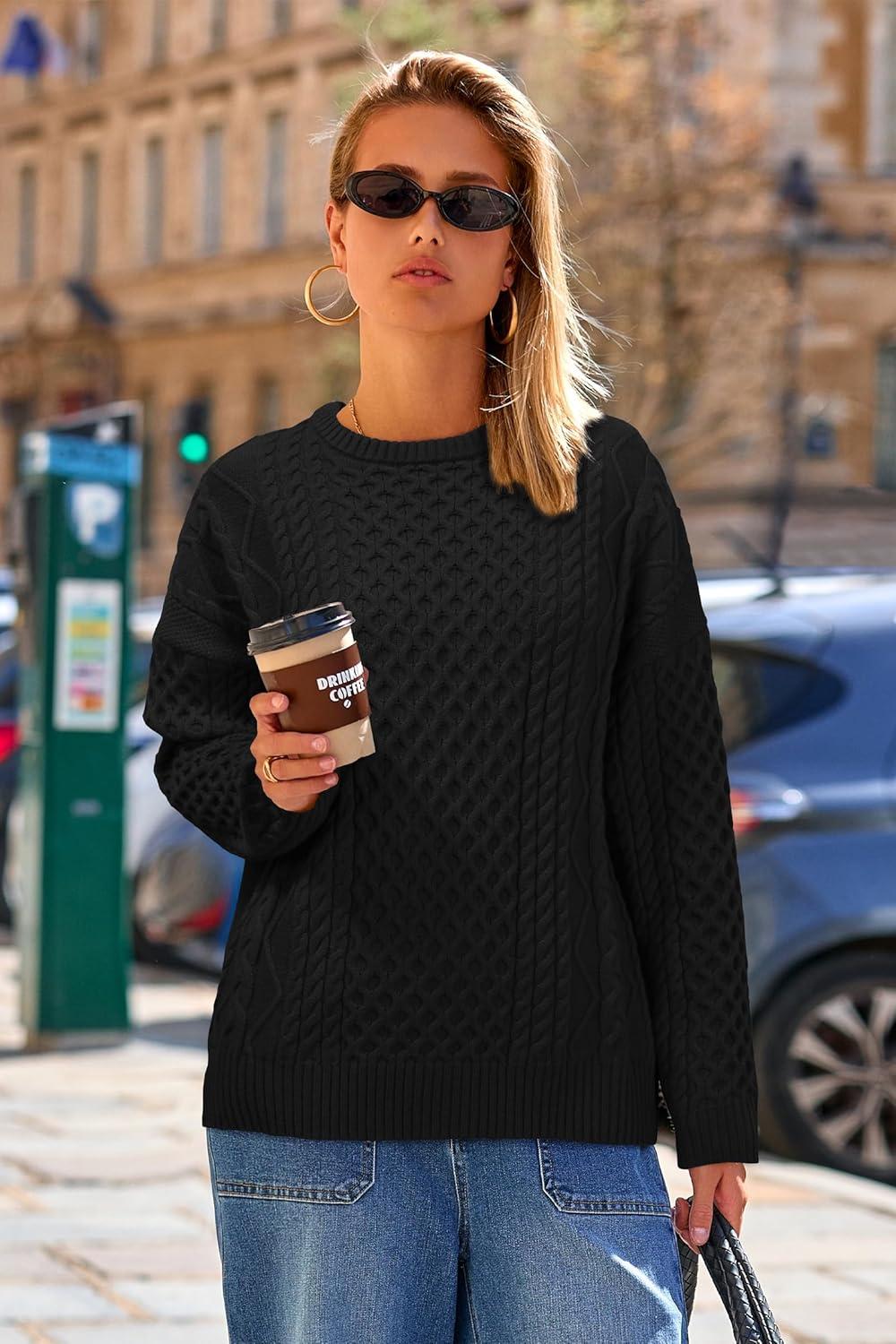 imageArachampampCloz Womens Wool Blend Cable Knit Spring Winter Chunky Oversized Sweaters 2026Black