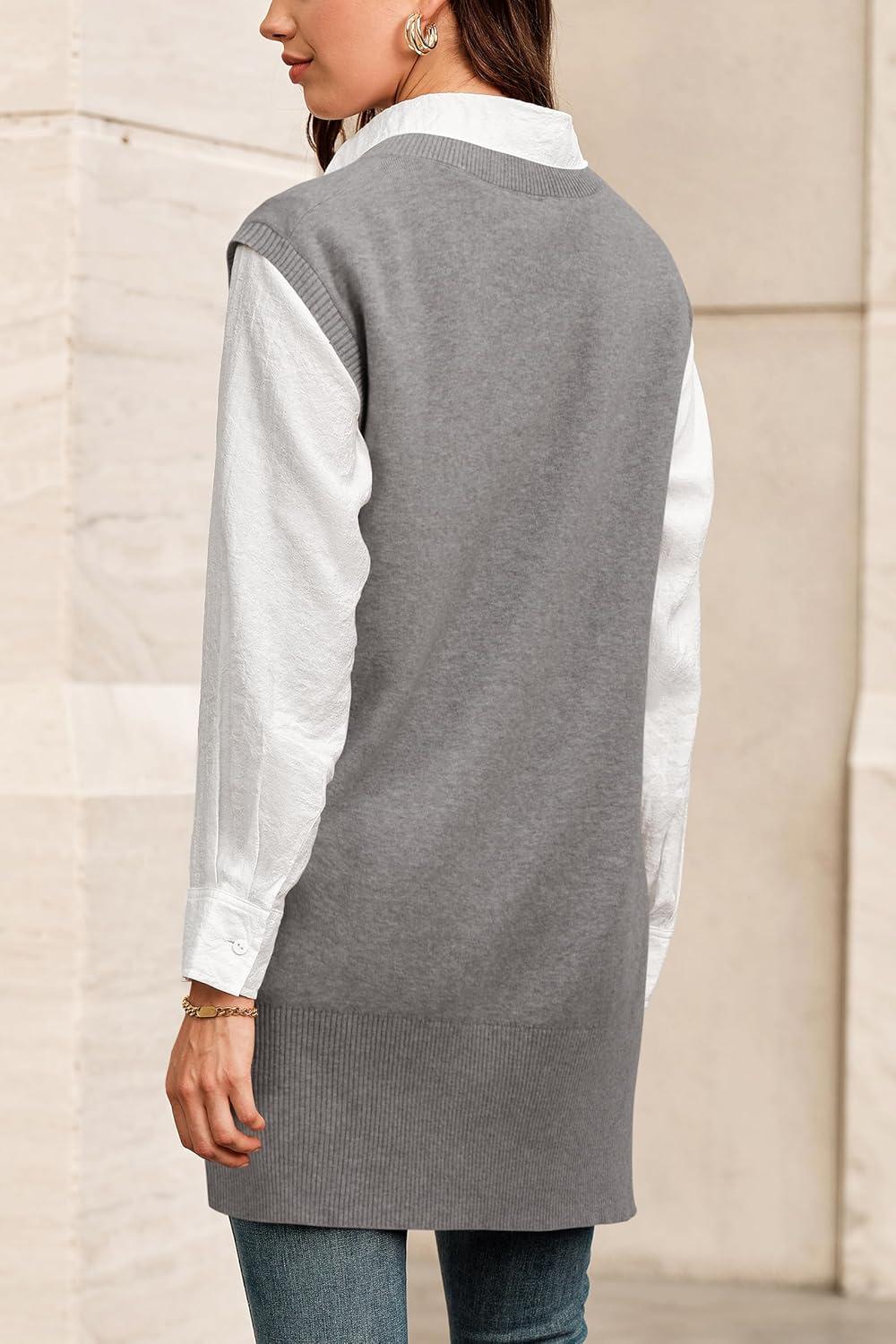 imageArachampampCloz Womens Wool Blend Side Slit High Low Versatile V Neck Fall Tunic Sweater Vests 2025Grey