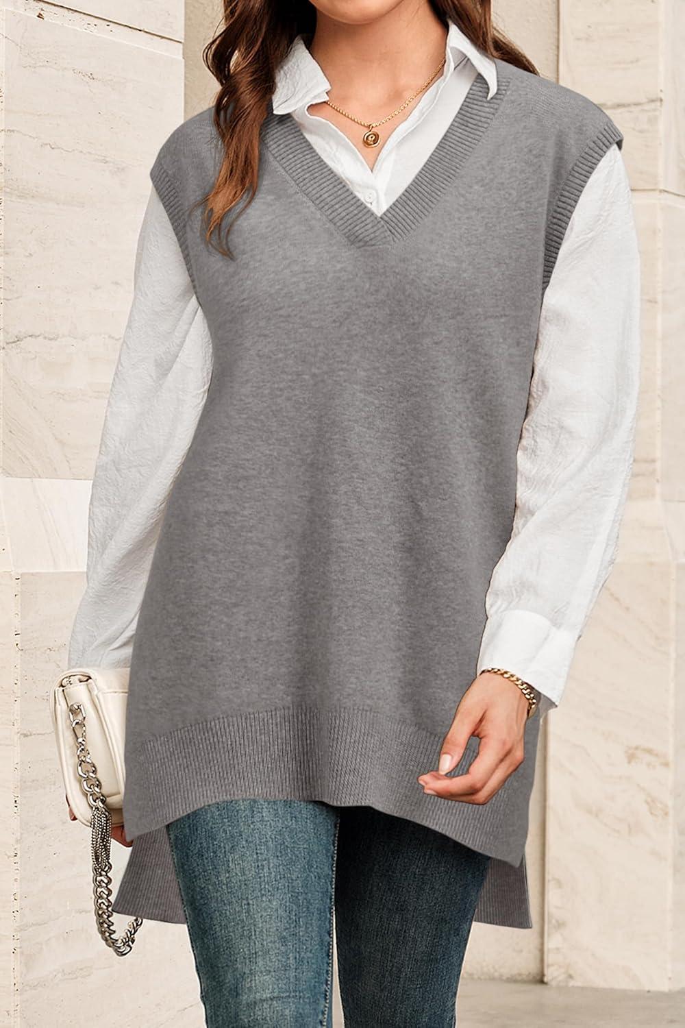 imageArachampampCloz Womens Wool Blend Side Slit High Low Versatile V Neck Fall Tunic Sweater Vests 2025Grey