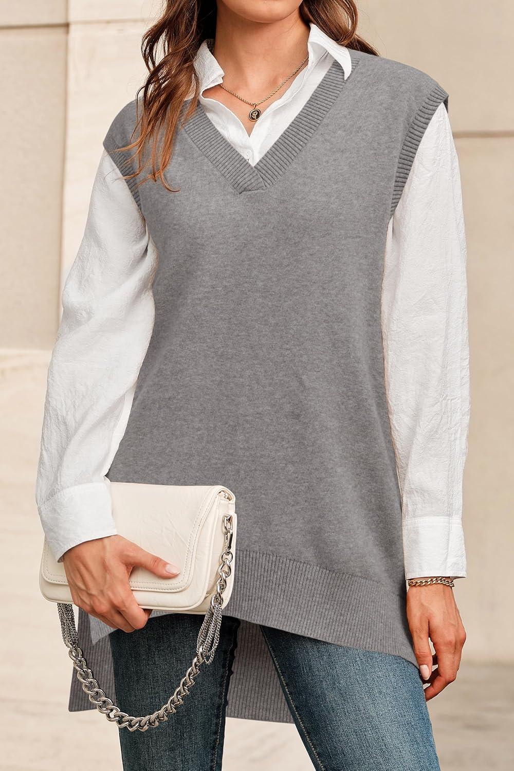 imageArachampampCloz Womens Wool Blend Side Slit High Low Versatile V Neck Fall Tunic Sweater Vests 2025Grey