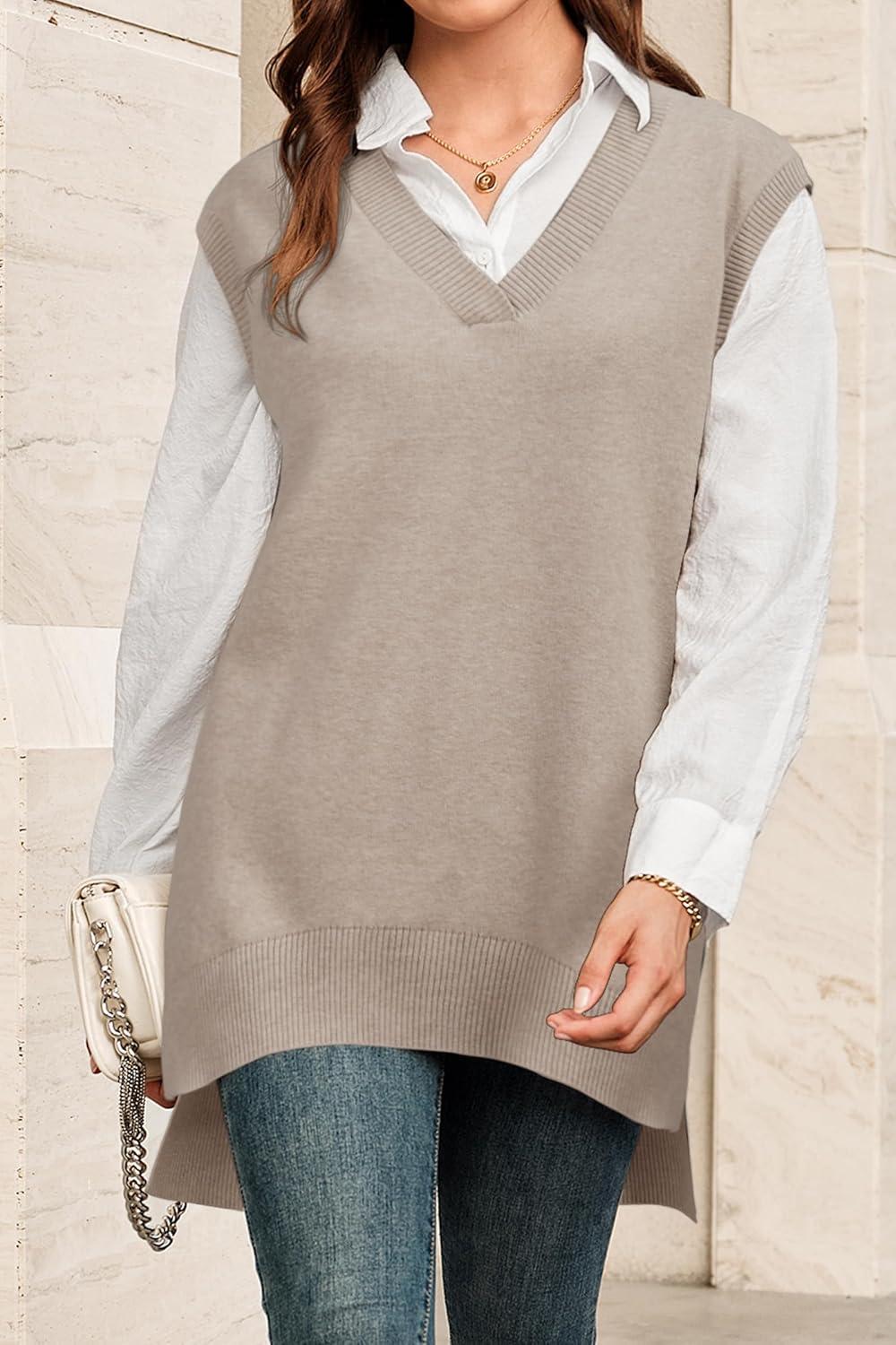 imageArachampampCloz Womens Wool Blend Side Slit High Low Versatile V Neck Fall Tunic Sweater Vests 2025Oatmeal