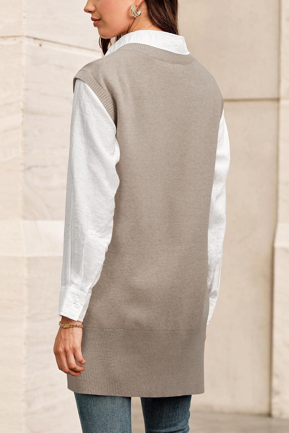 imageArachampampCloz Womens Wool Blend Side Slit High Low Versatile V Neck Fall Tunic Sweater Vests 2025Oatmeal