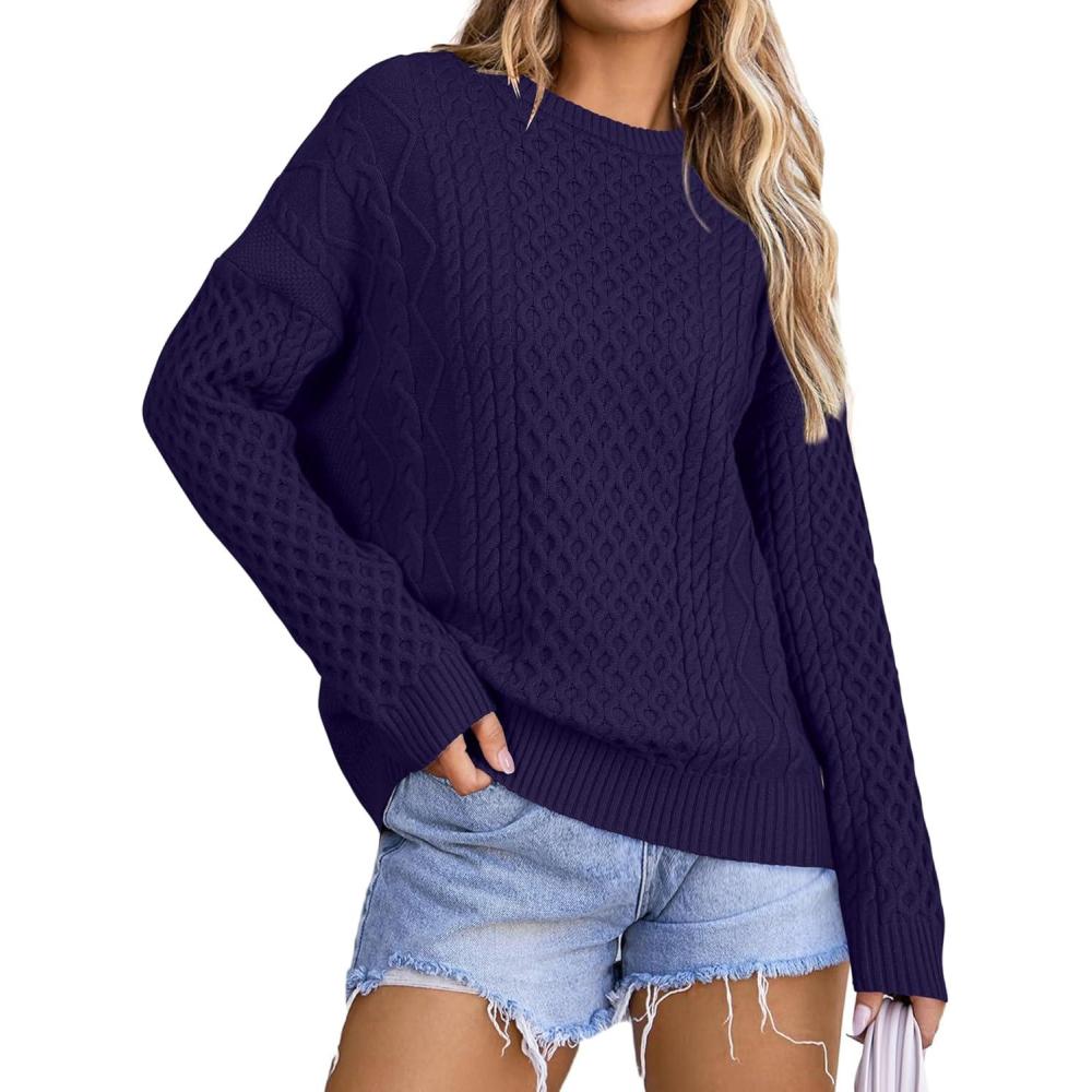 imageArachampampCloz Womens Wool Blend Cable Knit Spring Winter Chunky Oversized Sweaters 2026Navy