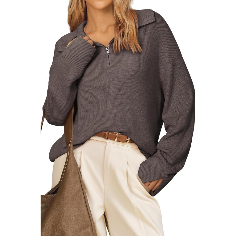 imageArachampampCloz Womens Wool Blend Quarter Zip Pullover Sweater Trendy Winter Soft Casual Lapel Oversized Fit TopCoffee