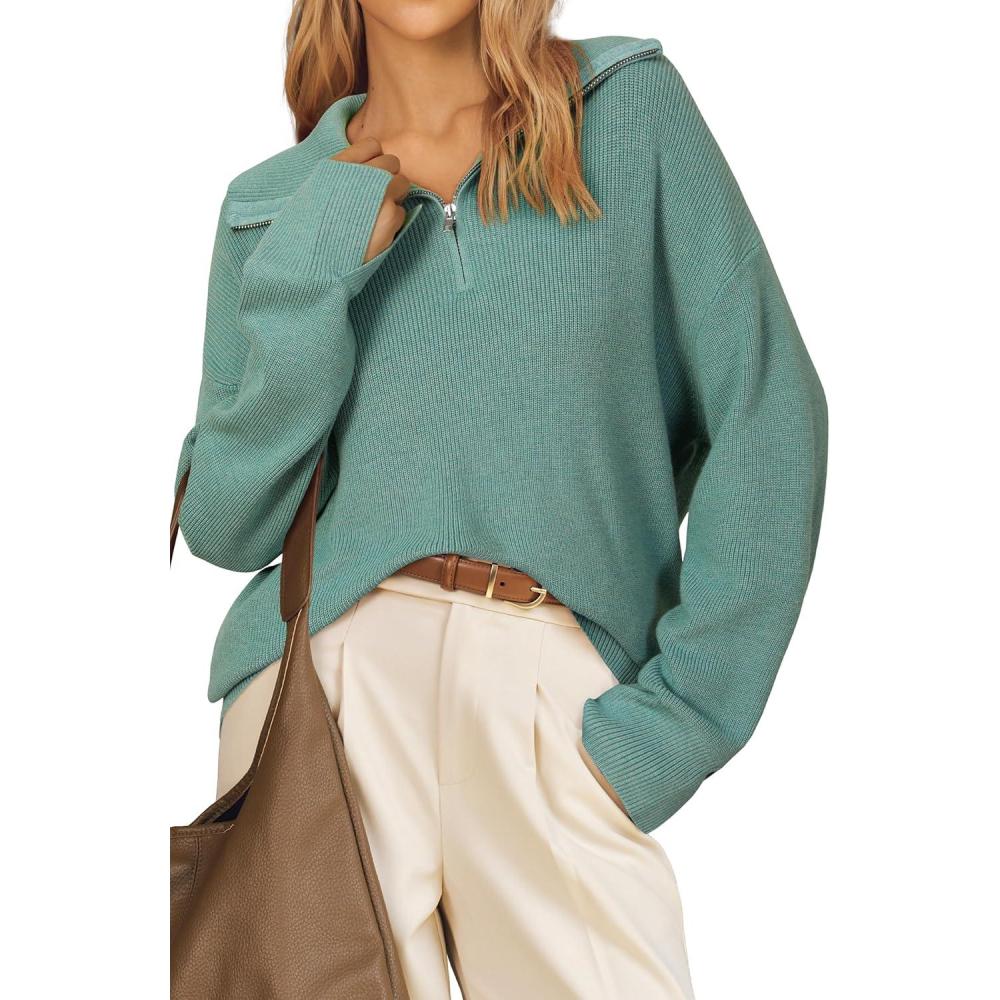 imageArachampampCloz Womens Wool Blend Quarter Zip Pullover Sweater Trendy Winter Soft Casual Lapel Oversized Fit TopGrey Green