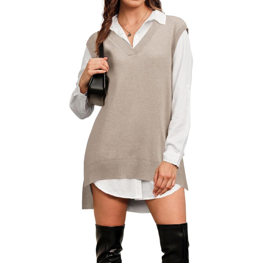 imageArachampampCloz Womens Wool Blend Side Slit High Low Versatile V Neck Fall Tunic Sweater Vests 2025Oatmeal
