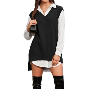 Arach&Cloz Women’s Wool Blend Side Slit High Low Versatile V Neck Fall Tunic Sweater Vests 2025(Black)