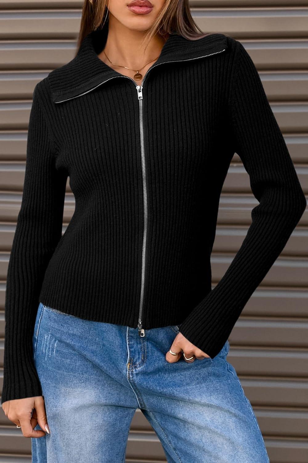 imageArachampampCloz Womens Wool Blend Fashion Zip Up Cardigan Sweater OutfitBlack