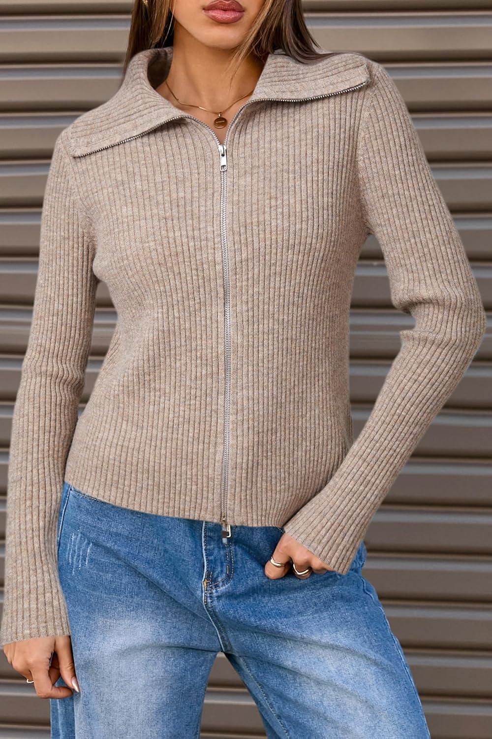 imageArachampampCloz Womens Wool Blend Fashion Zip Up Cardigan Sweater OutfitCoffee