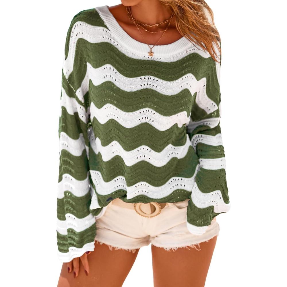 imageArachampampCloz Womens Linen Blend Spring Bell Sleeve Striped Vacation Crochet Tops 2026Army Green Stripe