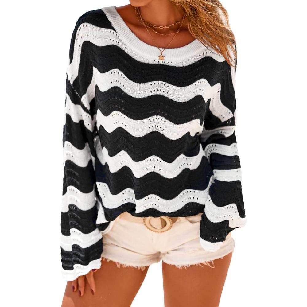 imageArachampampCloz Womens Linen Blend Spring Bell Sleeve Striped Vacation Crochet Tops 2026Black Stripe