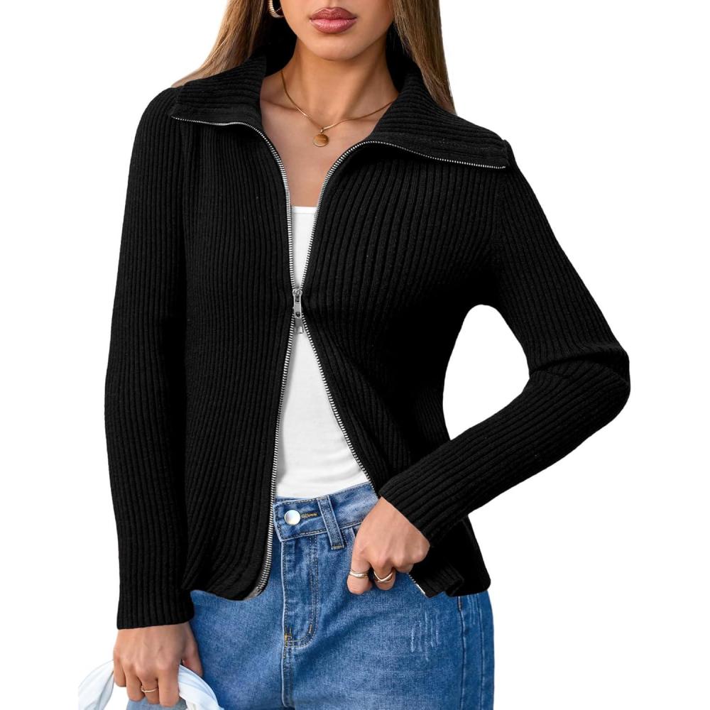 imageArachampampCloz Womens Wool Blend Fashion Zip Up Cardigan Sweater OutfitBlack