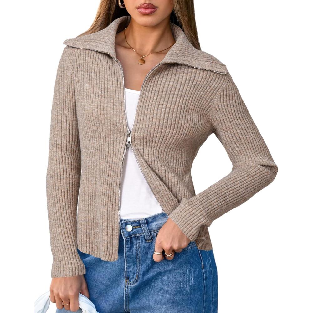 imageArachampampCloz Womens Wool Blend Fashion Zip Up Cardigan Sweater OutfitCoffee