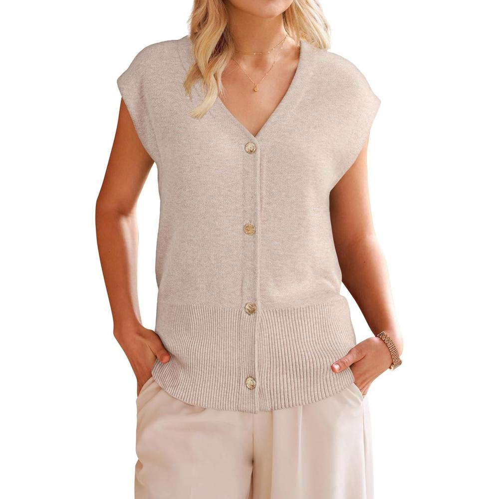 imageArachampampCloz Womens Wool Blend V Neck Button Down Summer Business Casual Sweater Vests 2026Apricot