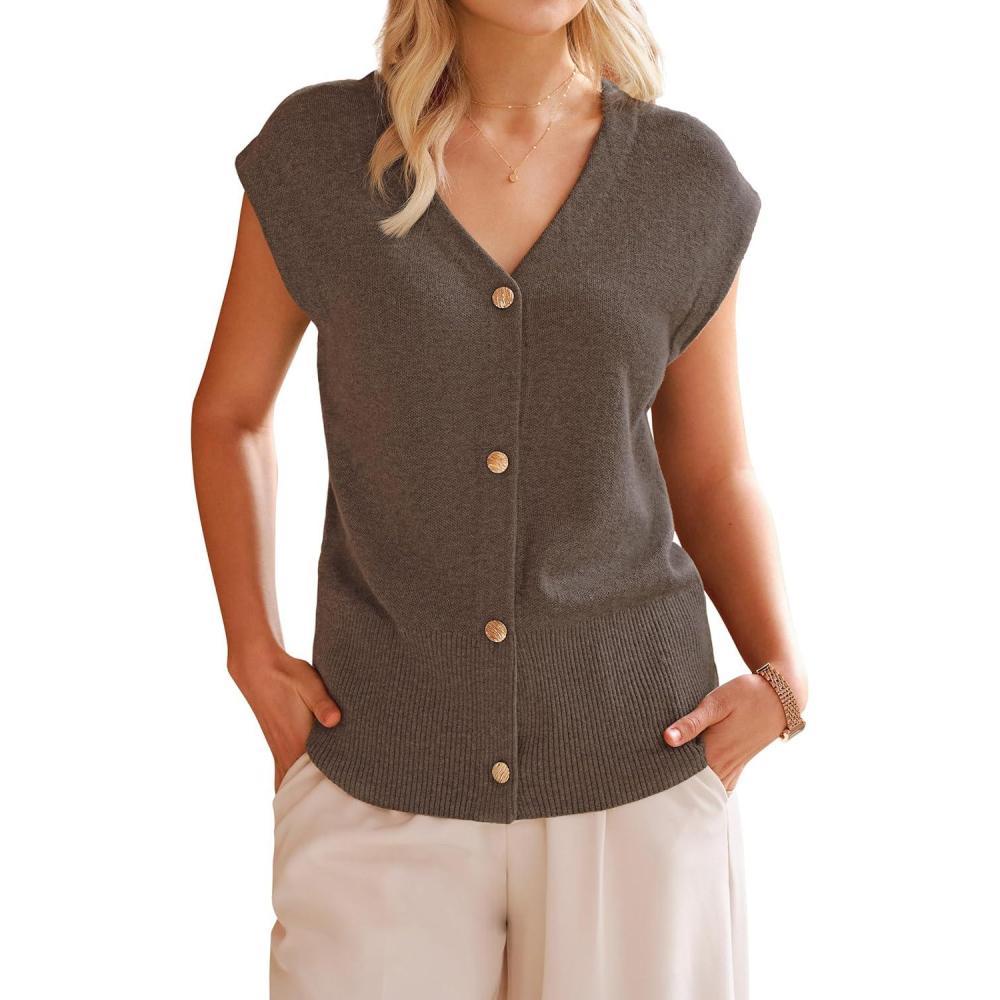 imageArachampampCloz Womens Wool Blend V Neck Button Down Summer Business Casual Sweater Vests 2026Coffee
