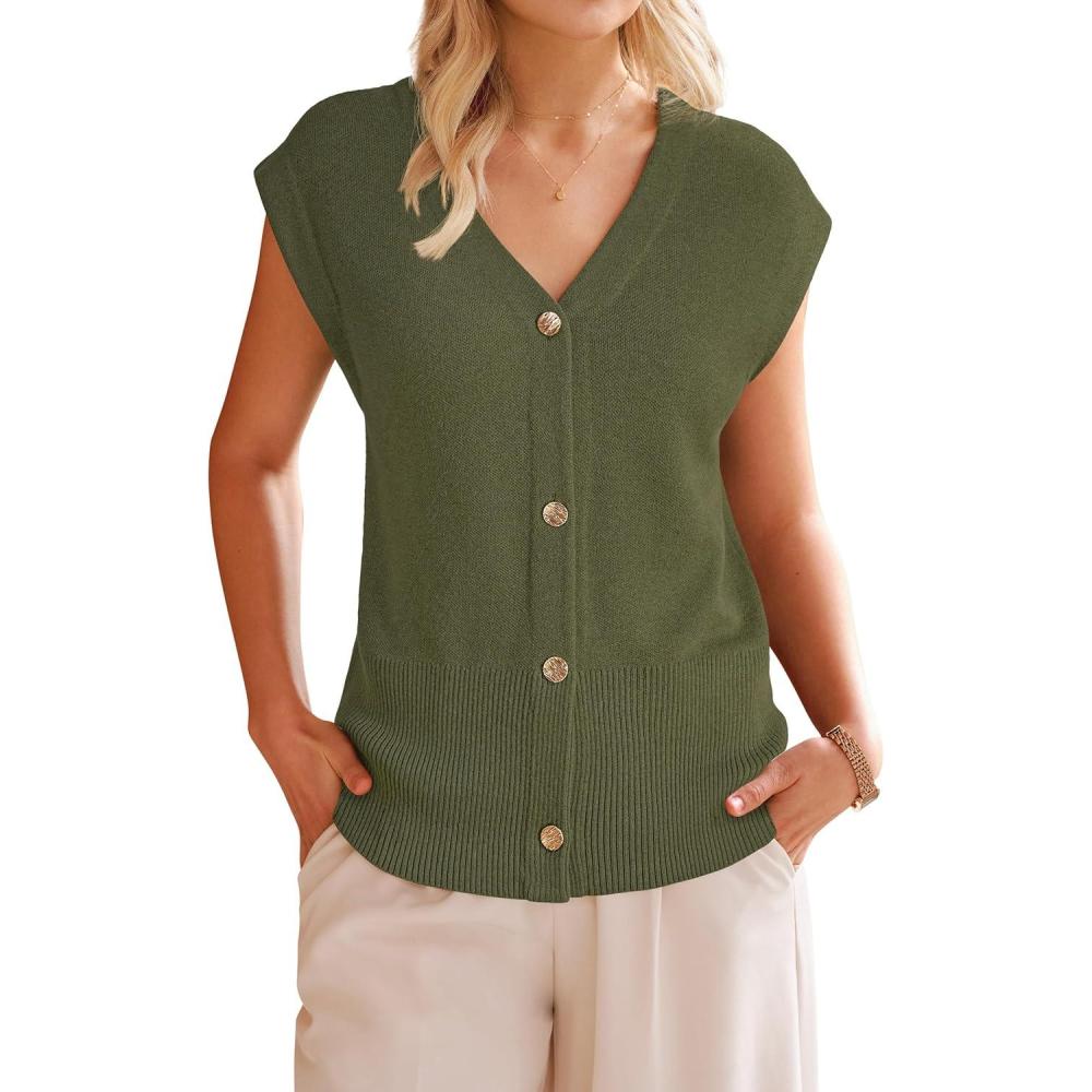 imageArachampampCloz Womens Wool Blend V Neck Button Down Summer Business Casual Sweater Vests 2026Olive Green