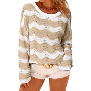 Arach&Cloz Women’s Linen Blend Spring Bell Sleeve Striped Vacation Crochet Tops 2026(Apricot Stripe)
