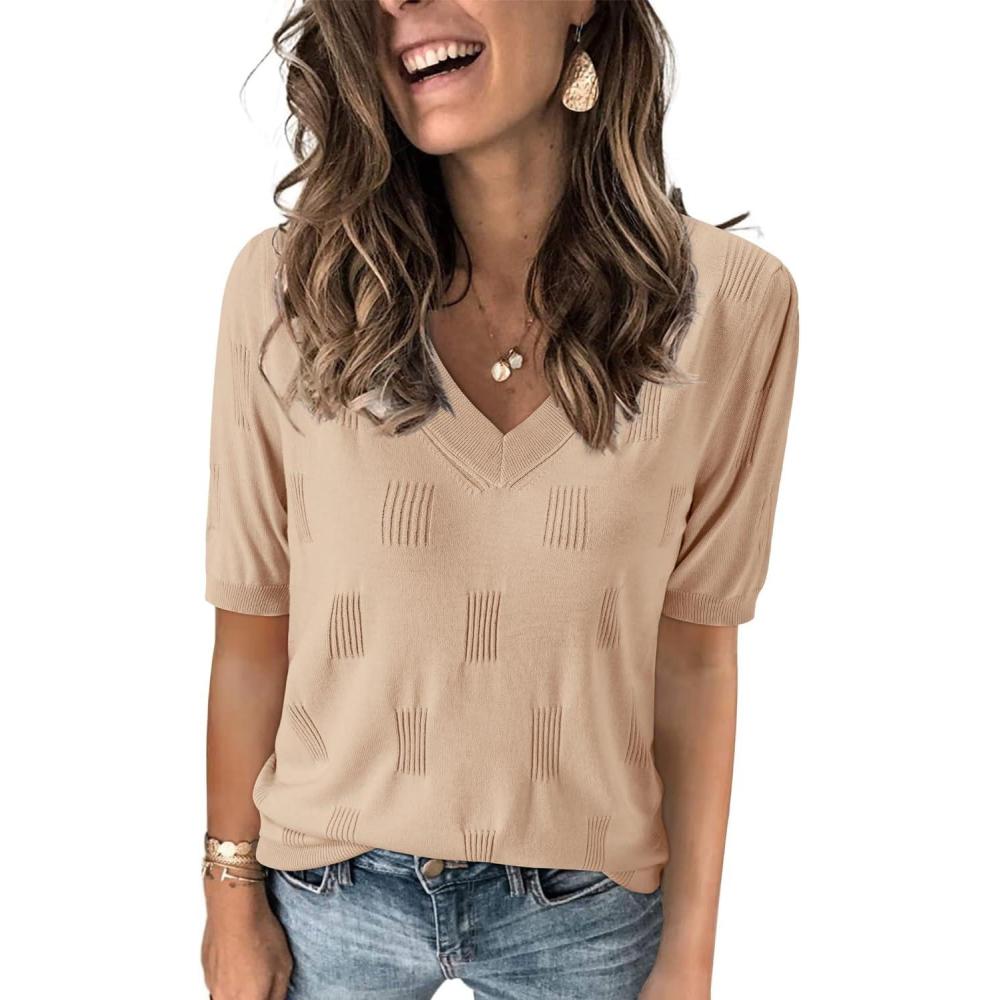 imageArachampampCloz Womens Lightweight Fall Sweater Tops Casual Short Sleeve Blouses ShirtsAzapricot 02