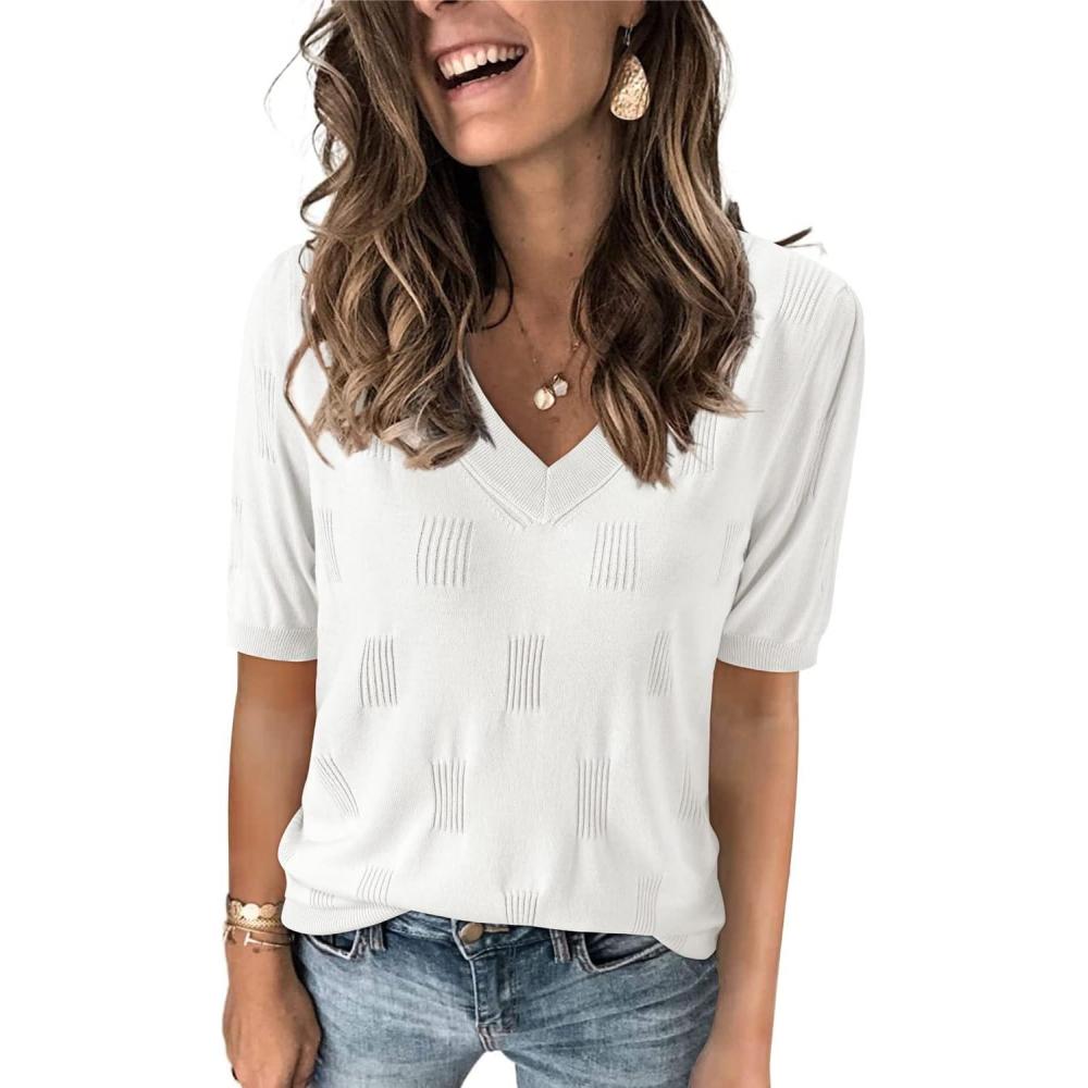 imageArachampampCloz Womens Lightweight Fall Sweater Tops Casual Short Sleeve Blouses ShirtsAzoff White