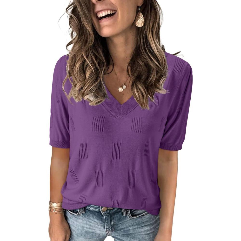 imageArachampampCloz Womens Lightweight Fall Sweater Tops Casual Short Sleeve Blouses ShirtsAzpurple