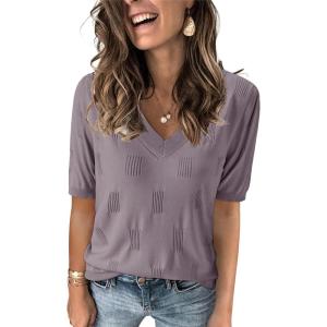 Arach&Cloz Women’s Lightweight Fall Sweater Tops Casual Short Sleeve Blouses Shirts(Az-grey Purple)