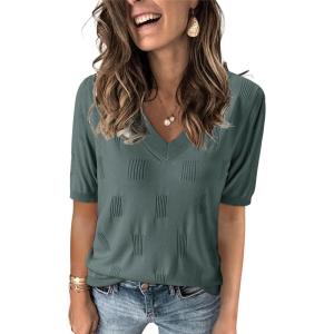 Arach&Cloz Women’s Lightweight Fall Sweater Tops Casual Short Sleeve Blouses Shirts(Grey Green)