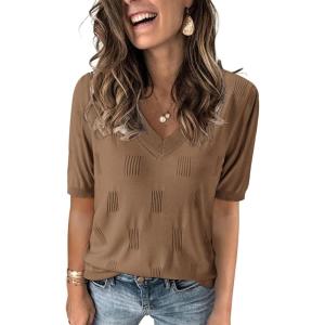 Arach&Cloz Women’s Lightweight Fall Sweater Tops Casual Short Sleeve Blouses Shirts(Khaki)