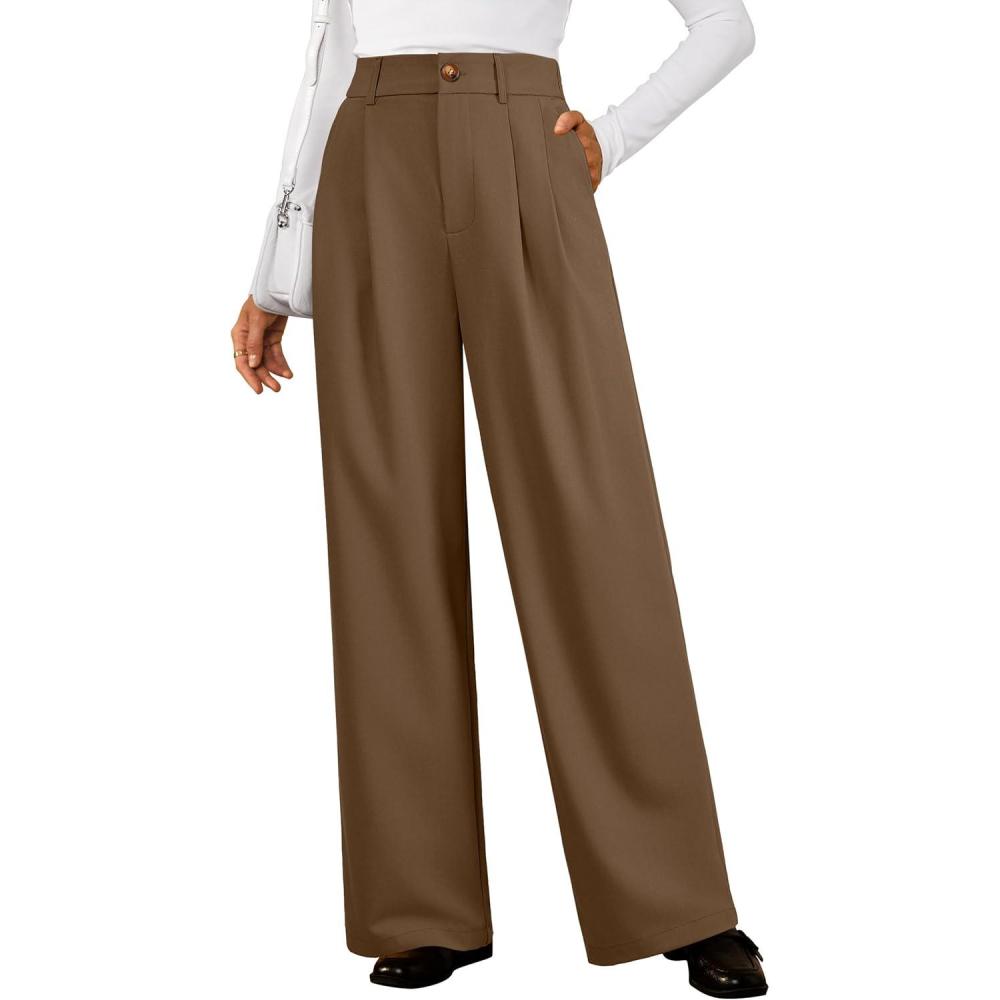 imageArachampampCloz Womens Wool Blend Elastic Waist Straight Leg Business Casual Pants 2025Brown