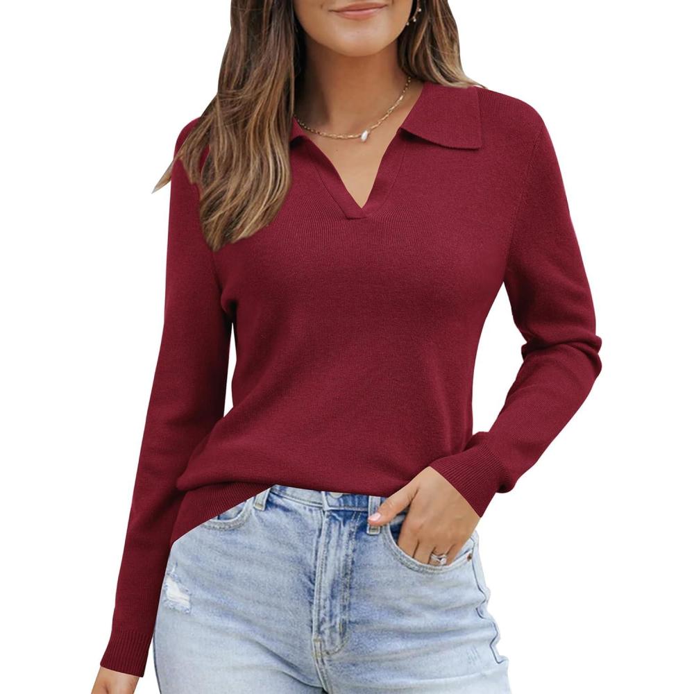 imageArachampampCloz Womens Wool Blend Polo Pullover Spring Sweaters Business Casual Outfits 2026Dark Red