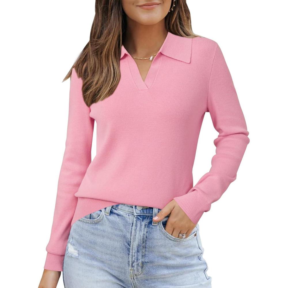 imageArachampampCloz Womens Wool Blend Polo Pullover Spring Sweaters Business Casual Outfits 2026Pink