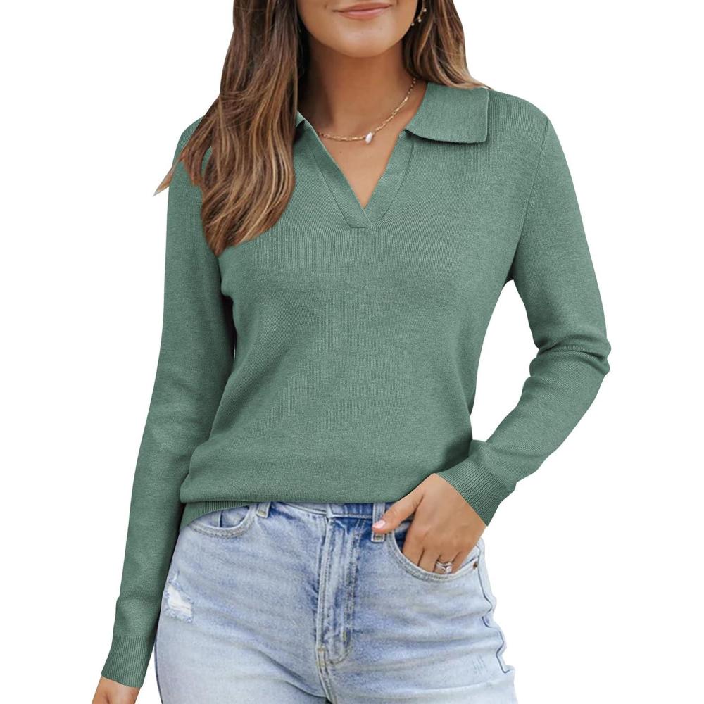 imageArachampampCloz Womens Wool Blend Polo Pullover Spring Sweaters Business Casual Outfits 2026Sage Green