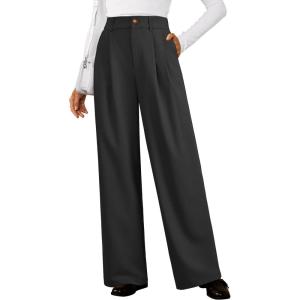 Arach&Cloz Women’s Wool Blend Elastic Waist Straight Leg Business Casual Pants 2025(Black)