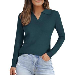 Arach&Cloz Women’s Wool Blend Polo Pullover Spring Sweaters Business Casual Outfits 2026(Bluish Green)