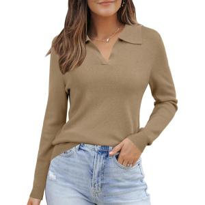 Arach&Cloz Women’s Wool Blend Polo Pullover Spring Sweaters Business Casual Outfits 2026(Camel)