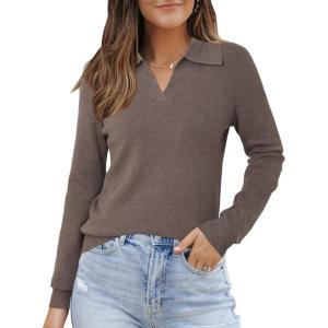 Arach&Cloz Women’s Wool Blend Polo Pullover Spring Sweaters Business Casual Outfits 2026(Coffee)