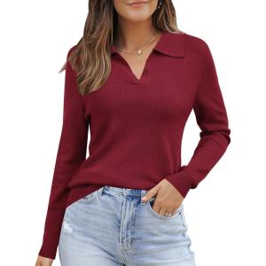 Arach&Cloz Women’s Wool Blend Polo Pullover Spring Sweaters Business Casual Outfits 2026(Dark Red)